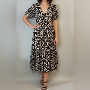 Monteau Los Angeles Leopard Print V Neck Puff Sleeve Midi Dress NWT Medium